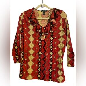 Lauren Ralph Lauren Red and Beige Geometric Blouse ladies xl extra large vneck